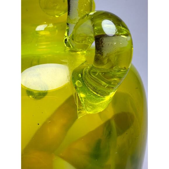 Hand Blown 7" Yellow Art Glass Vase w/ Applied Double Handles UV GLOWS READ - Picture 5 of 13